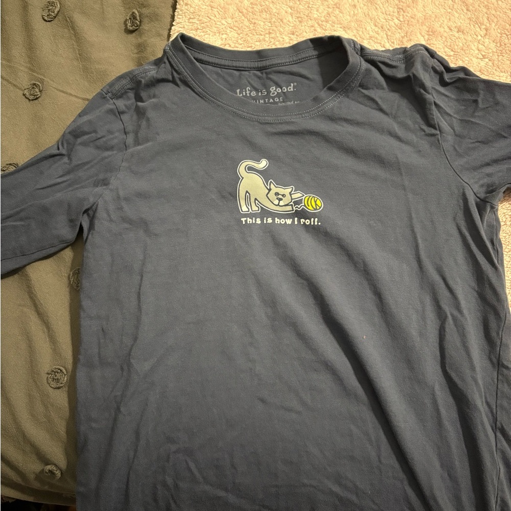 Life is Good Navy Tee with Cat Graphic